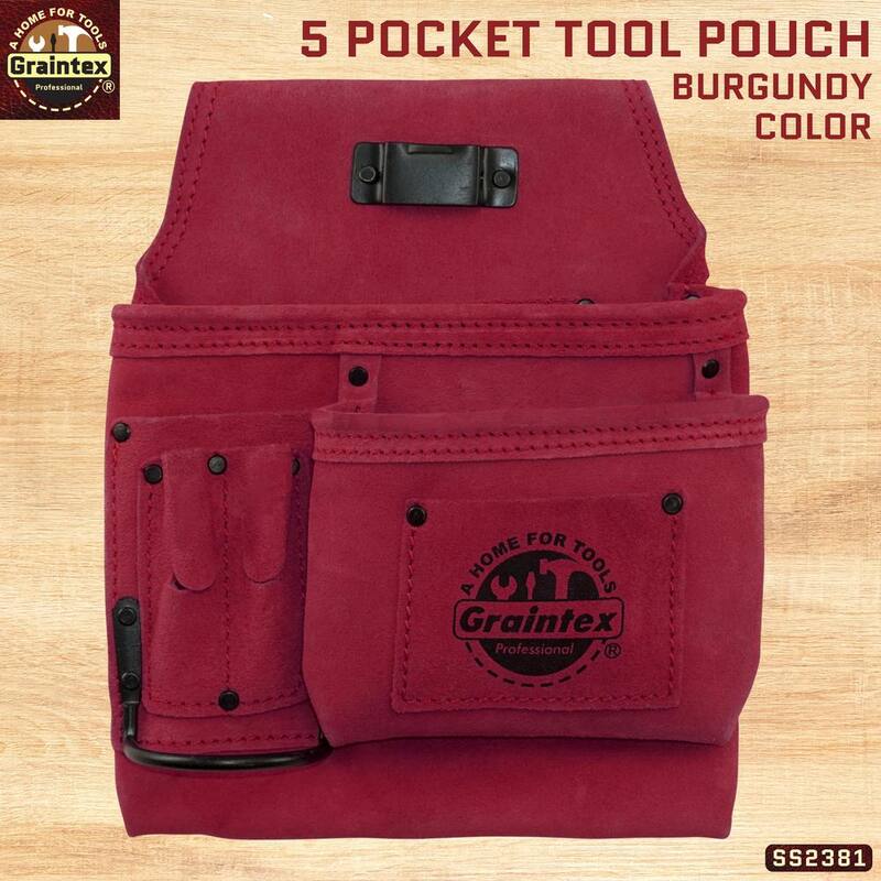 Unbranded 5-Pocket Right Handed Suede Leather Burgundy Nail and Tool Pouch - SS2381