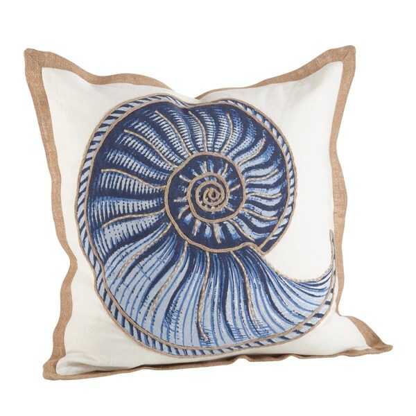 Rlm Distribution SARO  20 in. Square Nautilus Spiral Shell Print Cotton Down Filled Throw Pillow  Navy Blue - HO3743015