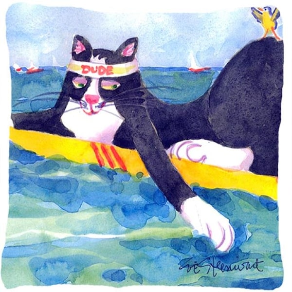Carolines Treasures Carolines Treasures 6051PW1414 Black & White Cat Surfin Bird Decorative Indoor & Outdoor Fabric Pillow - 6051PW1414