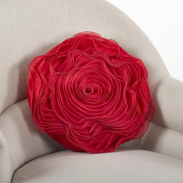 Rlm Distribution SARO 16 in. Rose Design Round Pillow with Poly Filled Red - HO3765439
