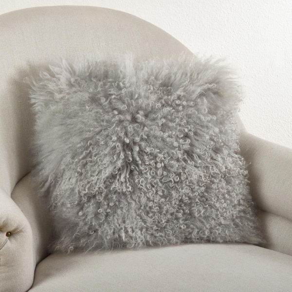 Rlm Distribution SARO  20 in. Square Wool Mongolian Lamb Fur Throw Pillow  Fog - HO2657719