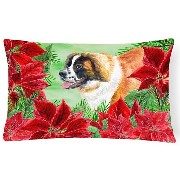 Carolines Treasures Carolines Treasures CK1327PW1216 Saint Bernard Poinsettas Canvas Fabric Decorative Pillow - CK1327PW1216