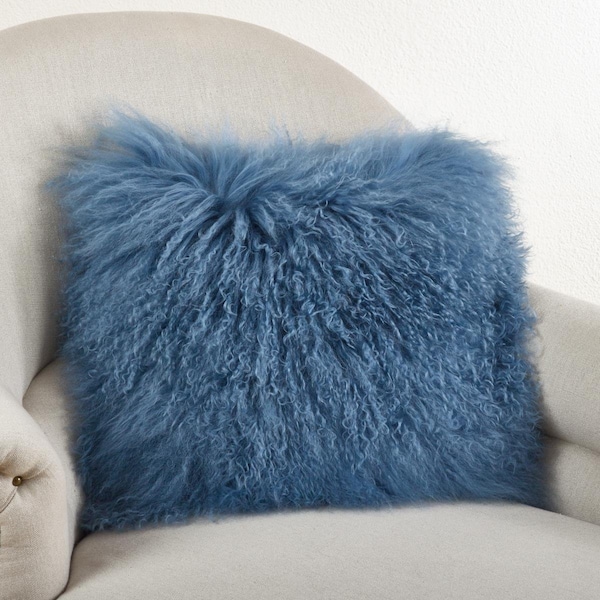 Rlm Distribution SARO 16 in. Square Wool Mongolian Lamb Fur Throw Pillow Blue &amp; Grey - HO2657708