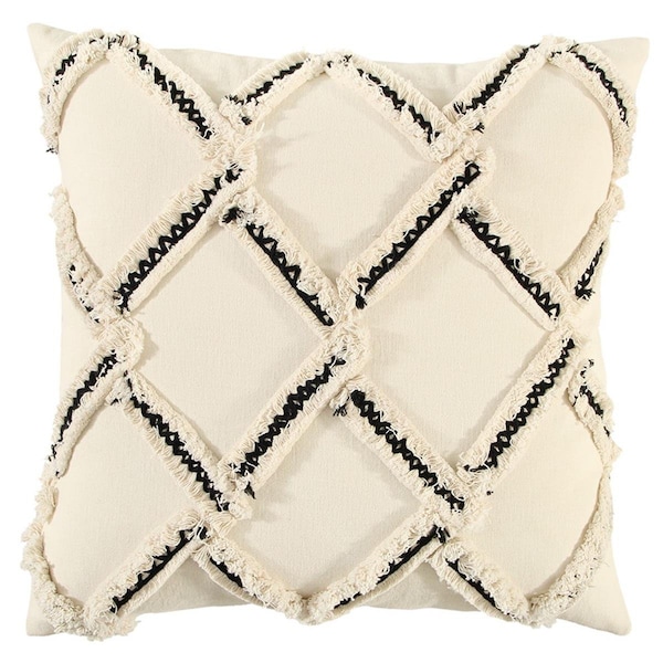 Homeroots Cream & Black Textured Lattice Throw Pillow Natural - 403439