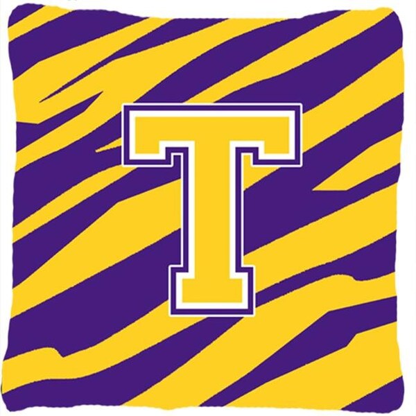 Carolines Treasures Carolines Treasures CJ1022-TPW1414 Monogram - Tiger Stripe - Purple Gold Decorative Fabric Pillow - 14 x 14 in.; Initial T - CJ1022-TPW1414