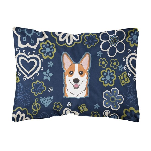Jensendistributionservices Blue Flowers Red Corgi Canvas Fabric Decorative Pillow - MI2552433