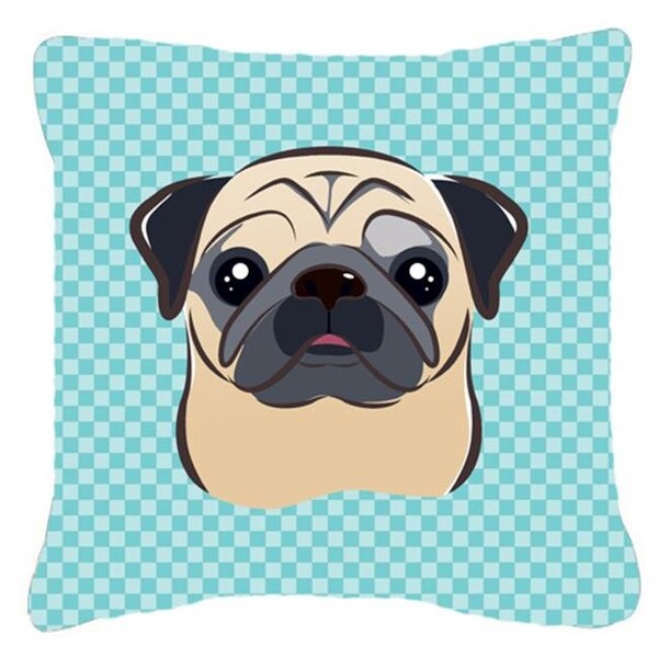 Carolines Treasures Carolines Treasures BB1200PW1414 Checkerboard Blue Fawn Pug Fabric Decorative Pillow; 14 x 14 In. - BB1200PW1414
