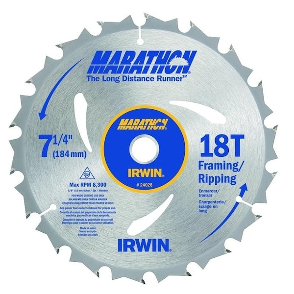 Irwin MARATHON Circular Saw Blade, 714 in Dia, 58 in Arbor, 18Teeth, Carbide Cutting Edge - 24028