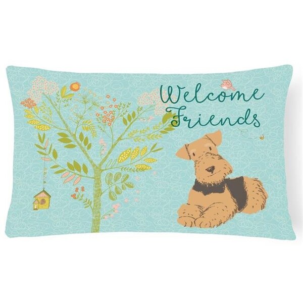 Carolines Treasures Carolines Treasures BB7625PW1216 Welcome Friends Airedale Terrier Canvas Fabric Decorative Pillow; 12 x 16 in. - BB7625PW1216