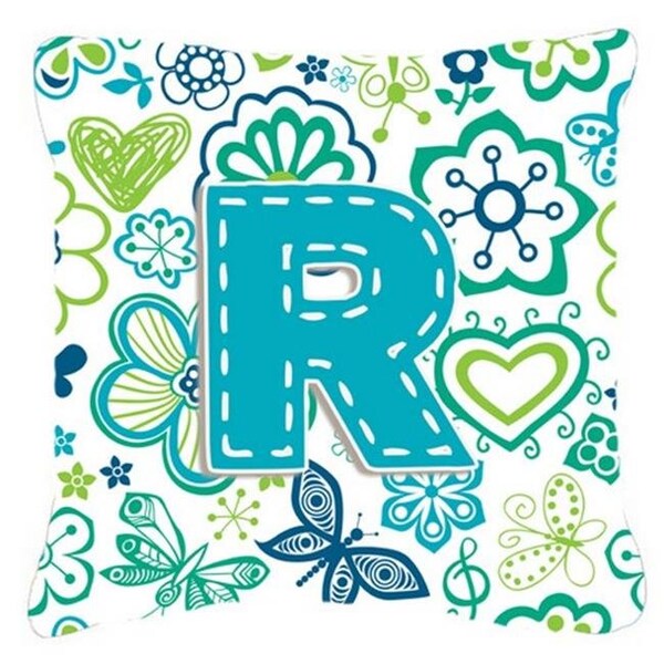 Carolines Treasures Carolines Treasures CJ2006-RPW1414 Letter R Flowers And Butterflies Teal Blue Canvas Fabric Decorative Pillow - CJ2006-RPW1414