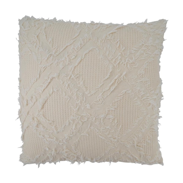 Vecindario 22 in. Fringe Waffle Weave Square Throw Pillow with Poly Filling, Ivory - VE3195356