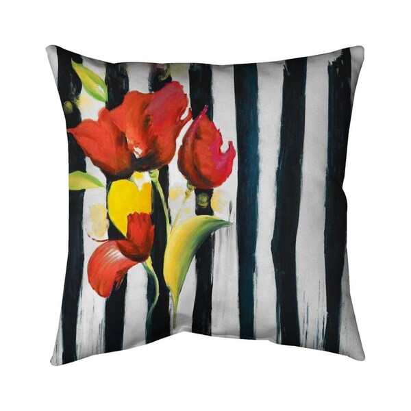 Begin Home Decor 26 x 26 in. Red Flowers on Stripes-Double Sided Print Indoor Pillow - 5541-2626-FL112