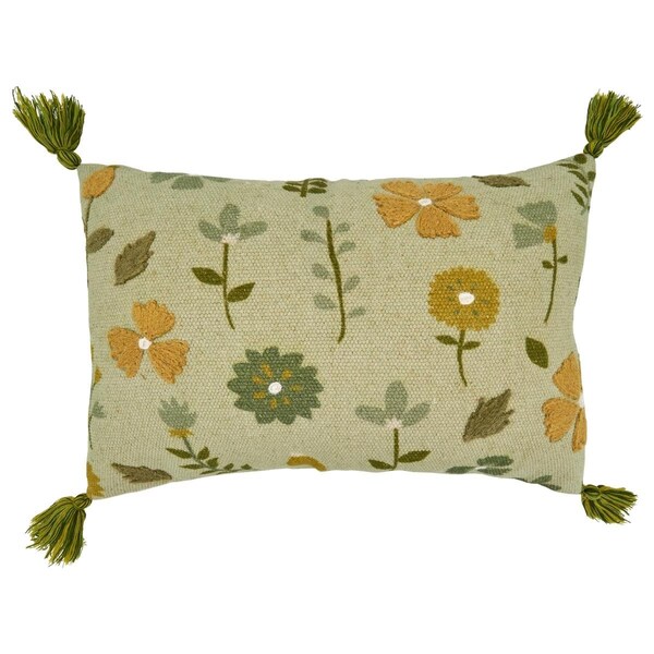 Rlm Distribution SARO  16 x 24 in. Oblong Poly Filled Throw Pillow with Green Embroidered Floral Design - HO2658138