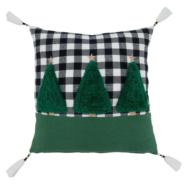 Rlm Distribution SARO 18 in. Square Green Plaid Poly-Filled Throw Pillow with Trees Design - HO3203014
