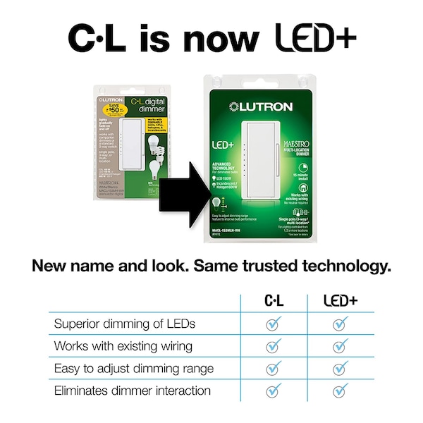 Lutron Dimmer, Maestro, CFL/LED, Hot - MACL-153M-HT