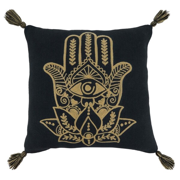 Rlm Distribution SARO 20 in. Square Black Hamsa Hand Embroidered Throw Pillow with Poly Filling - HO3746339