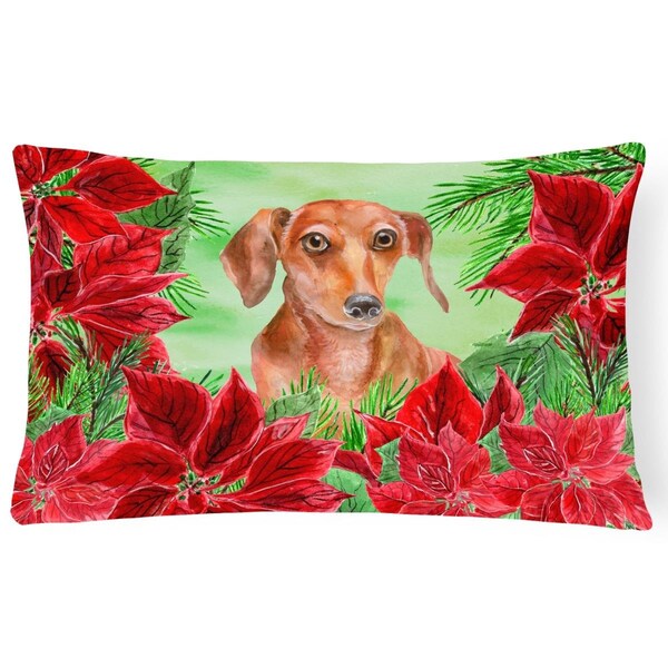 Jensendistributionservices Red Dachshund Poinsettas Canvas Fabric Decorative Pillow - MI2551624