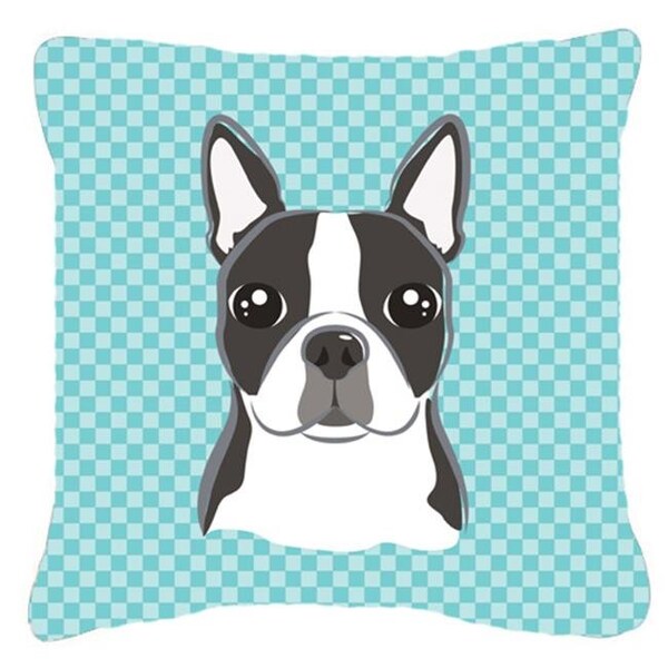 Carolines Treasures Carolines Treasures BB1141PW1818 Checkerboard Blue Boston Terrier Fabric Decorative Pillow; 18 x 18 In. - BB1141PW1818