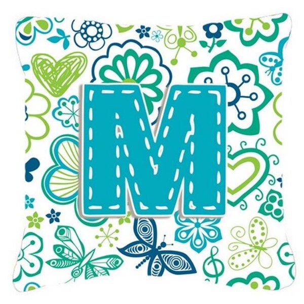 Carolines Treasures Carolines Treasures CJ2006-MPW1414 Letter M Flowers And Butterflies Teal Blue Canvas Fabric Decorative Pillow - CJ2006-MPW1414