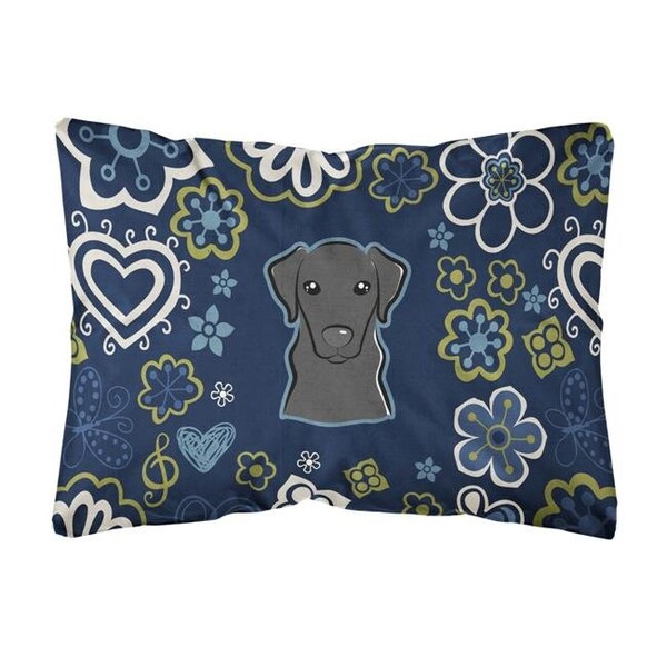 Carolines Treasures Carolines Treasures BB5086PW1216 Blue Flowers Black Labrador Canvas Fabric Decorative Pillow - BB5086PW1216