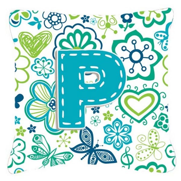 Carolines Treasures Letter P Flowers And Butterflies Teal Blue Canvas Fabric Decorative Pillow - CA77238