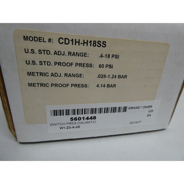 Interruptor de presión Barksdale AJUSTABLE 1/4IN 0.4-18PSI 125/250/480V-AC - CD1H-H18SS