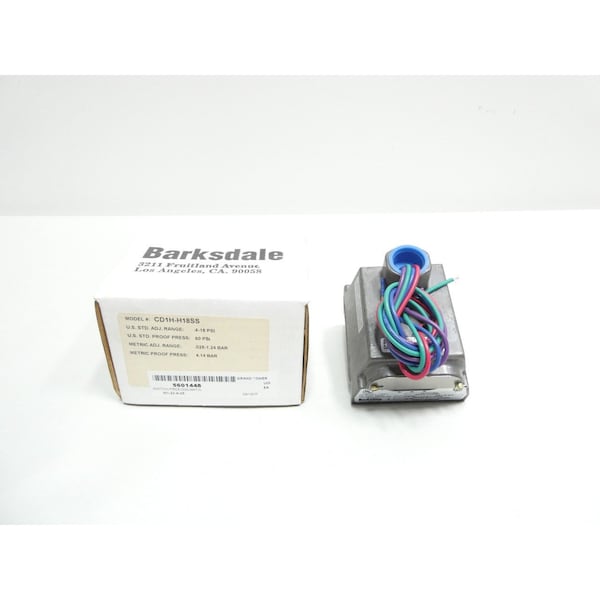 Interruptor de presión Barksdale AJUSTABLE 1/4IN 0.4-18PSI 125/250/480V-AC - CD1H-H18SS