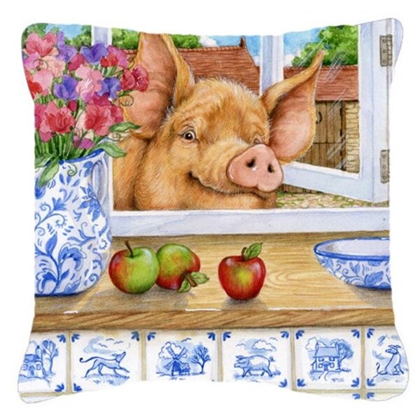 Carolines Treasures Carolines Treasures CDCO0352PW1414 Pig Trying to Reach the Apple in the Window Canvas Decorative Pillow - CDCO0352PW1414