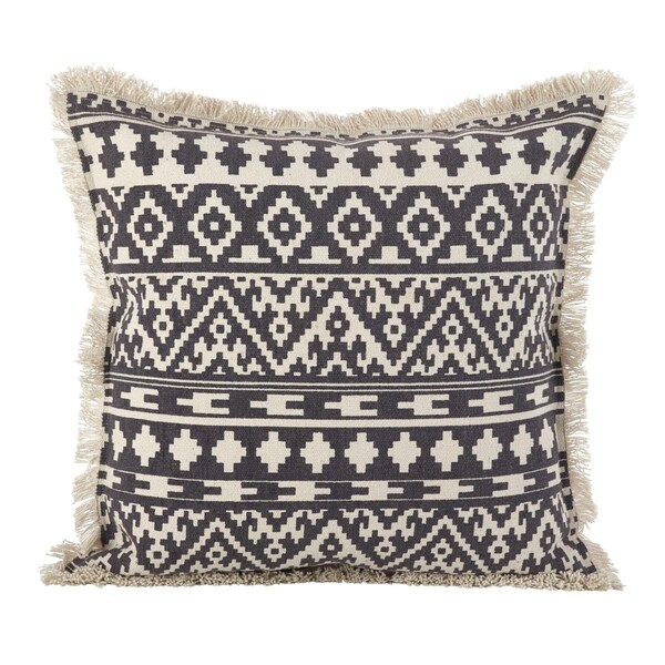 Rlm Distribution SARO Aztec Tribal Design Fringe Trim Cotton Down Filled Throw Pillow - Grey - HO2657748