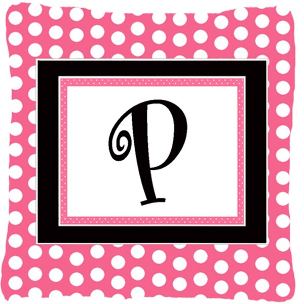 Jensendistributionservices Letter P Initial Monogram - Pink Black Polka Dots Indoor & Outdoor Fabric Decorative Pillow - MI2556160