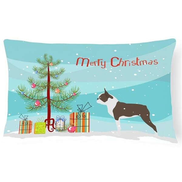 Carolines Treasures Carolines Treasures BB2962PW1216 Boston Terrier Merry Christmas Tree Canvas Fabric Decorative Pillow - BB2962PW1216