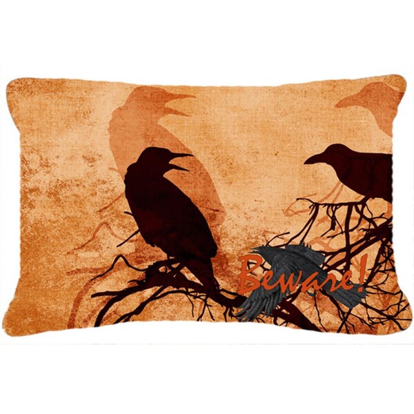 Carolines Treasures Beware Of The Black Crows Halloween Indoor & Outdoor Fabric Decorative Pillow - CA74708