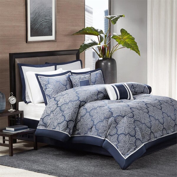 Madison Park 100 Percent Medina Polyester Jacquard Comforter, King - Navy - MP10-1659