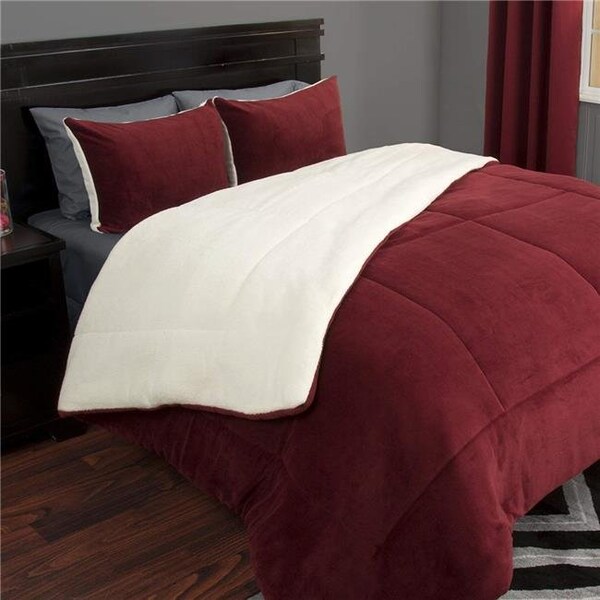 Bedford Home Bedford Home 66A-27377 3 Piece Sherpa & Fleece Comforter Set; Full & Queen Size - Burgundy - 66A-27377