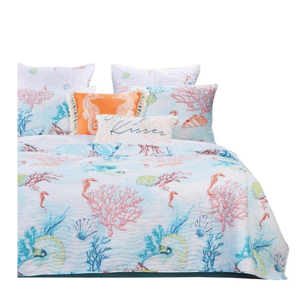 Benjara Twin Size Polyester Quilt Set with Coral Prints, Multi Color - 8 x 15 x 20 in. - 2 Piece - BM218929