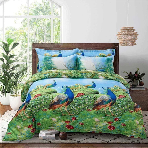 Dolce Mela Pictorial Bedding Duvet Cover Set, Queen Size - Peafowl - DM704Q