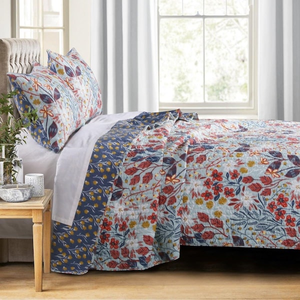 Benjara King Size Polyester Quilt Set with Floral Prints, Multi Color - 3 Piece - BM218897