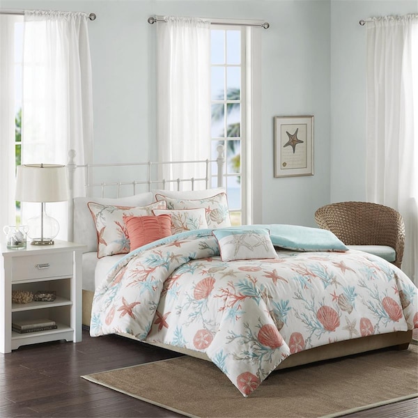 Madison Park 6 Piece Cotton Sateen Printed Duvet Set, Full-Queen, Coral - MP12-2707