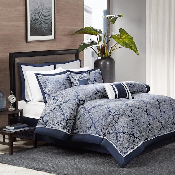 Madison Park 100 Percent Medina Polyester Jacquard Comforter, California King - Navy - MP10-1660