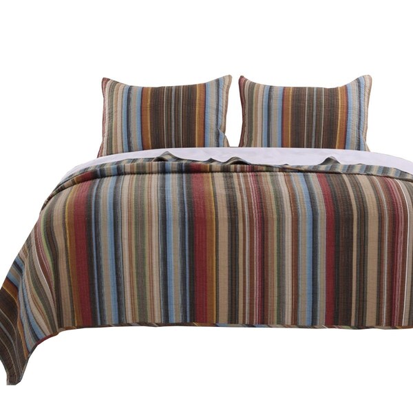 Benzara Phoenix Fabric Quilt Set with Striped Prints, Multi Color - Queen Size - 3 Piece - BM101913