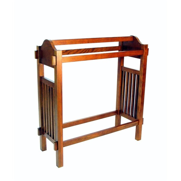 Benjara Wooden Mission Style Quilt Rack with 3 Hanging Bars on Scrolled Top, Brown - BM210416