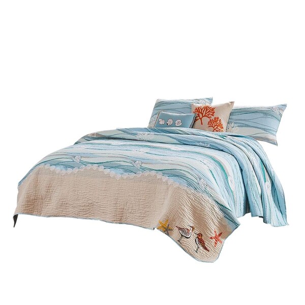 Benzara Maritsa Fabric Quilt Set with Coastal Prints, Blue - Queen Size - 5 Piece - BM101970
