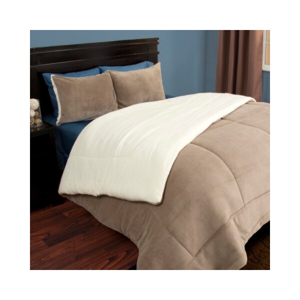 Hastings Home Hastings Home 3 Piece Sherpa/Fleece Comforter Set - Full/Queen - Taupe - 833778FDU
