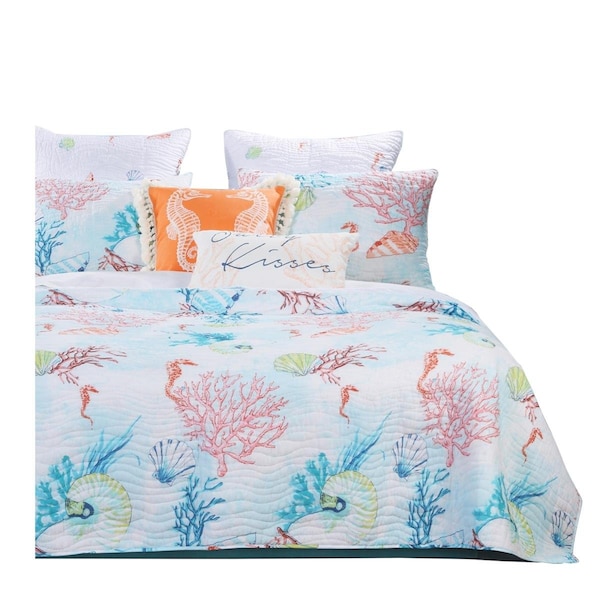 Deluxdesigns Twin Size Polyester Quilt Set with Coral Prints, Multi Color - 8 x 15 x 20 in. - 2 Piece - DE2530692