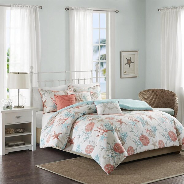 Madison Park 6 Piece Cotton Sateen Printed Duvet Set, King-California King, Coral - MP12-2708