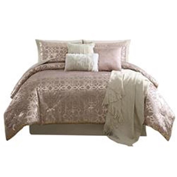 Benjara Eve Poly Velvet Comforter Set with Foil Pattern, Blush Pink, King Size, 10 Piece - BM283878