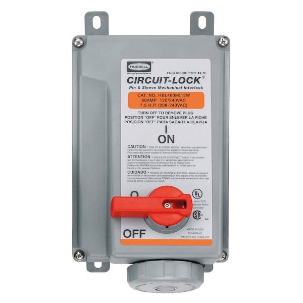 Hubbell Wiring Device-Kellems Heavy Duty Products, IEC Pin and Sleeve Devices, Industrial Grade, Female, Mechanically Interlocked Receptacle, 60A 125/250V, 3-Pole 4-Wire Grounding - HBL460MI12WR