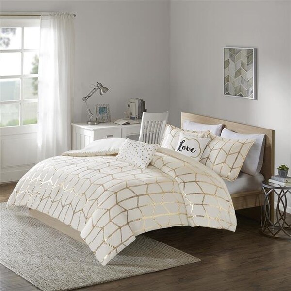 Intelligent Design Intelligent Design ID12-1511 Metallic Printed Duvet Cover Set - Ivory & Gold; Full & Queen Size - ID12-1511