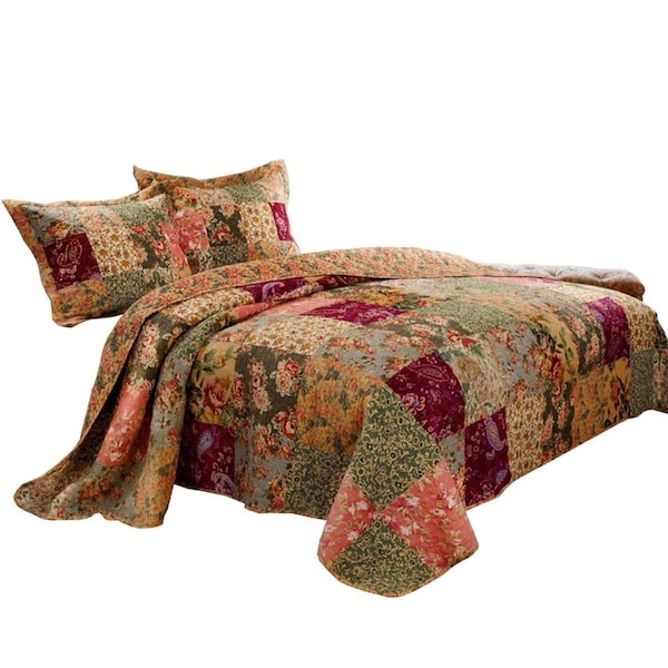 Benzara Kamet Fabric Quilt Set with Floral Prints, Multi Color - Queen Size - 3 Piece - BM14921