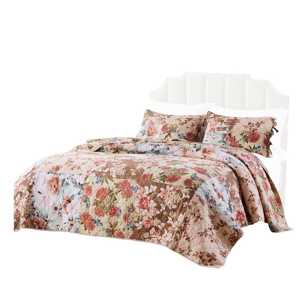 Benjara Rome Microfiber Reversible Floral Print Queen Quilt Set, Multi-Color - 3 Piece - BM231031